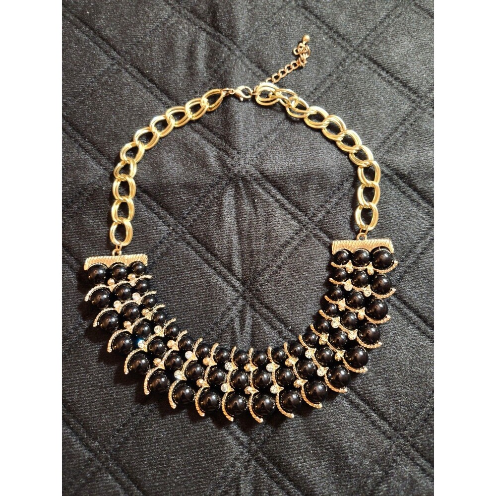 Black Faux Pearl And Clear Rhinestone Gold Toned Bib Necklace